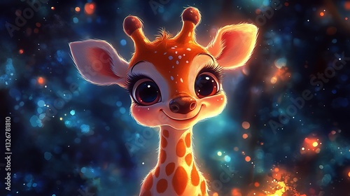 Cute cartoon giraffe portrait, sparkling bokeh background, childlike, adorable animal, for kid's room