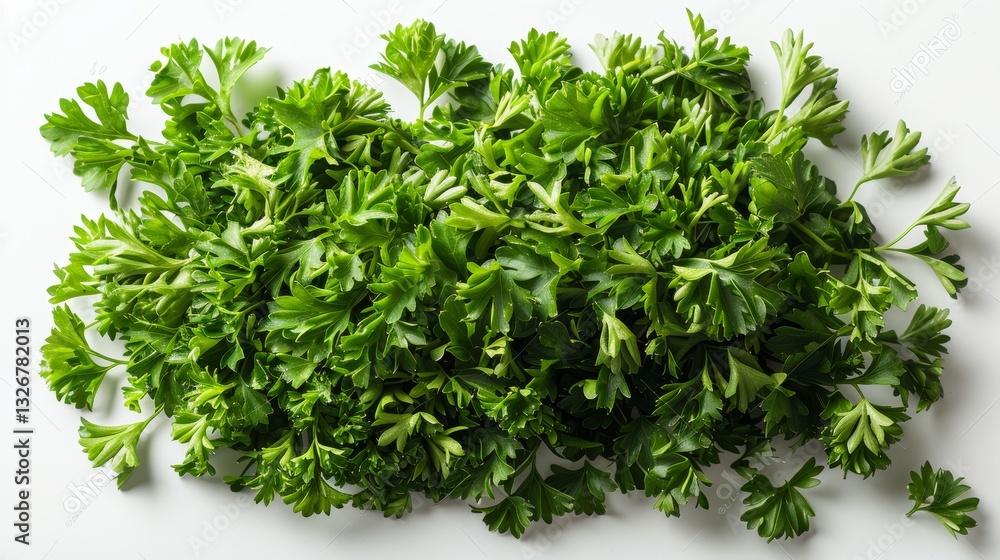 Freshly Chopped Dry Parsley Leaves Pile Isolated on White Background with Minimalistic Perfect Focus