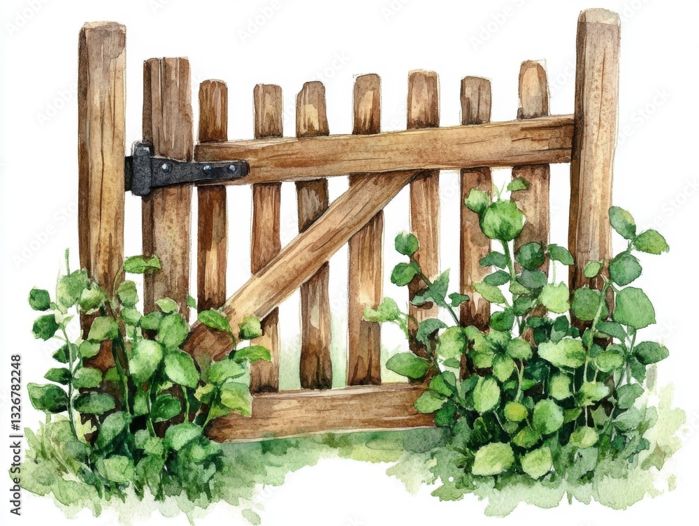 Obraz premium Rustic wooden gate surrounded by lush greenery garden scene