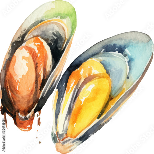 Watercolor painted mussels. Hand drawn fresh seafood design element isolated on white background.