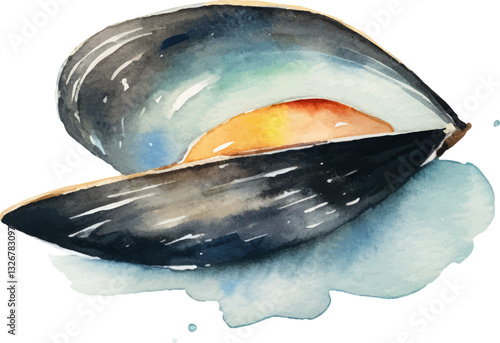 Watercolor painted mussels. Hand drawn fresh seafood design element isolated on white background.