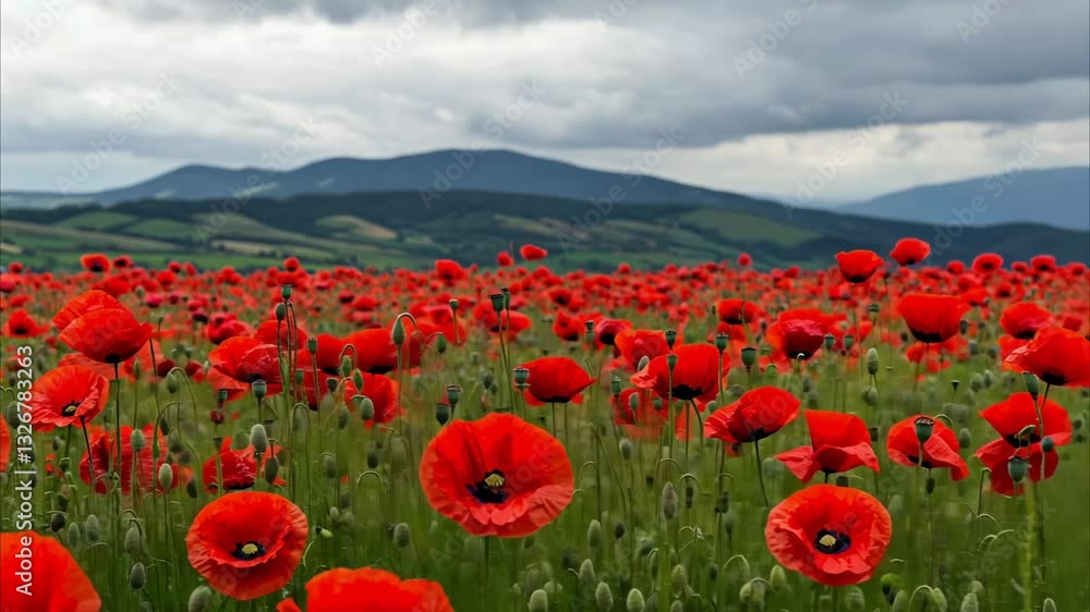 Vibrant red poppy flowers bloom in lush green field, creating stunning landscape of nature under cloudy sky. Vibrant red poppy flowers bloom in lush green field, creating stunning landscape of nature under cloudy sky.