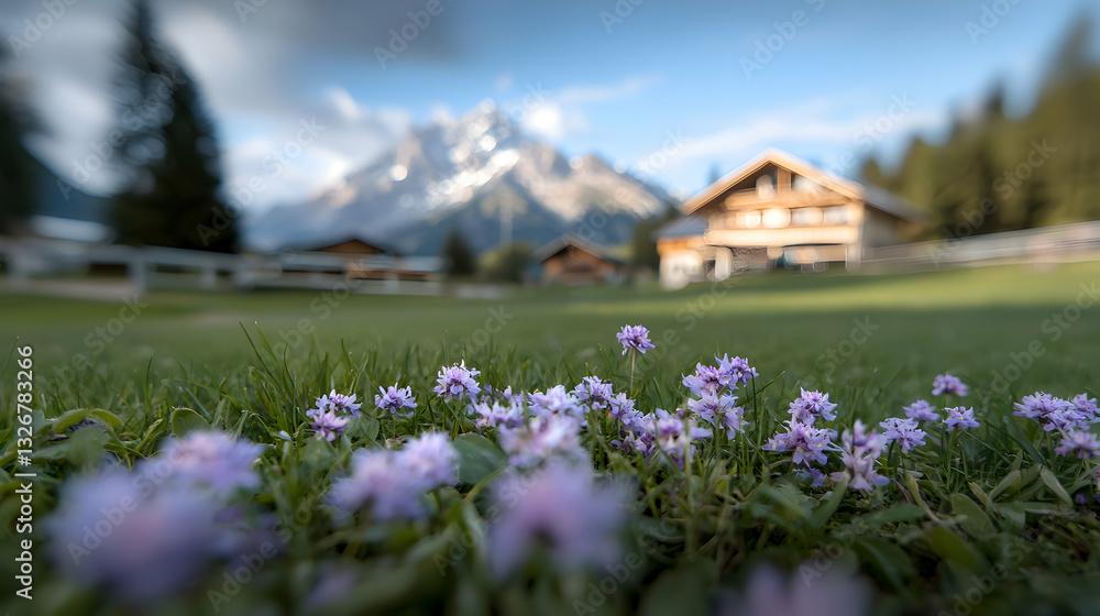 Low angle shot of flowers and mountain landscape with buildings Low angle shot of flowers and mountain landscape with buildings