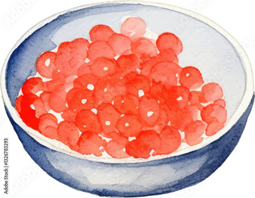 Watercolor painted red caviar. Hand drawn fresh seafood design element isolated on white background.