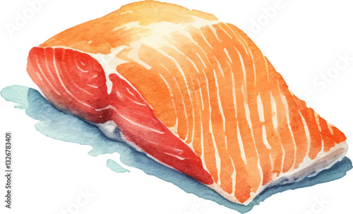 Watercolor painted salmon fillet. Hand drawn fresh seafood design element isolated on white background.