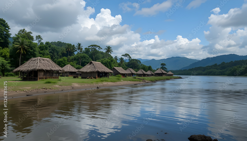 Fototapeta premium Tropical Riverfront Huts: Paradise Found
