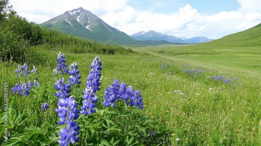 Fototapeta premium Vibrant purple lupines in a lush green meadow, mountain backdrop under a partly cloudy sky.