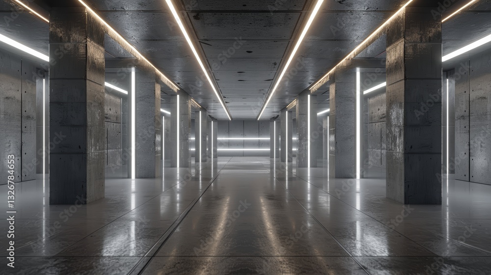 Futuristic Modern Garage With Concrete And Metal Columns Showroom Tunnel Corridor Having A Grunge Aesthetic Futuristic Modern Garage With Concrete And Metal Columns Showroom Tunnel Corridor Having A Grunge Aesthetic