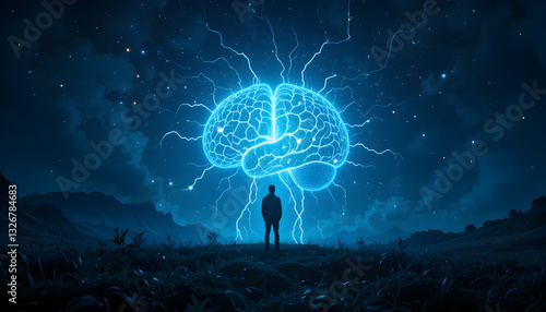 Glowing Brain Night Sky: Mind Power Concept
