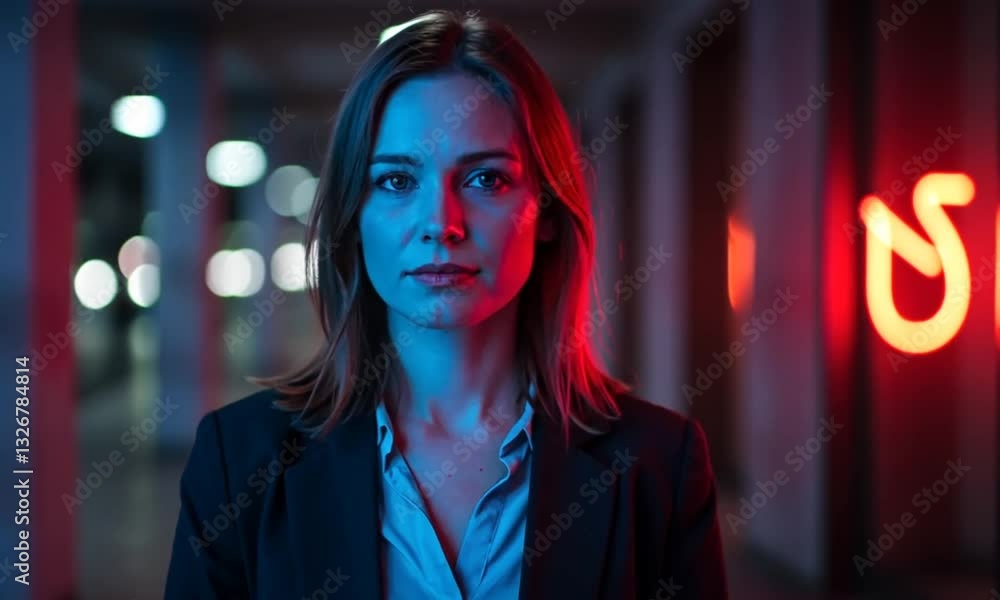 Woman posing, portrait, in a dark urban garage with red and blue neon lights for background Woman posing, portrait, in a dark urban garage with red and blue neon lights for background
