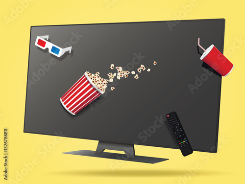 Realistic movie night advertising concept with smart tv, popcorn bucket, soda cup and 3d glasses