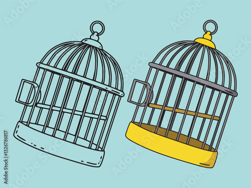 Two Birdcages Line Art and Colored Illustration for Design Projects