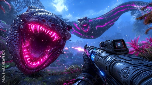 First Person Shooter Pixel Art Night Jungle Battle Against Glowing Alien Creatures