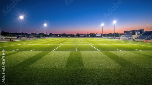 Nighttime football stadium view from the field, glowing lights, blurred background, capturing the essence of sports energy.
