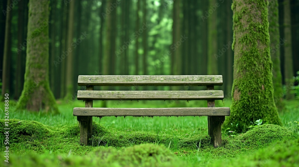Wooden bench sits amidst lush green moss, surrounded by tall trees in a forest. Soft natural light illuminates the scene. Wooden bench sits amidst lush green moss, surrounded by tall trees in a forest. Soft natural light illuminates the scene.