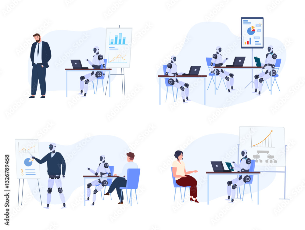 A set of illustrations showing collaboration between AI and humans in an office setting to improve productivity and innovation