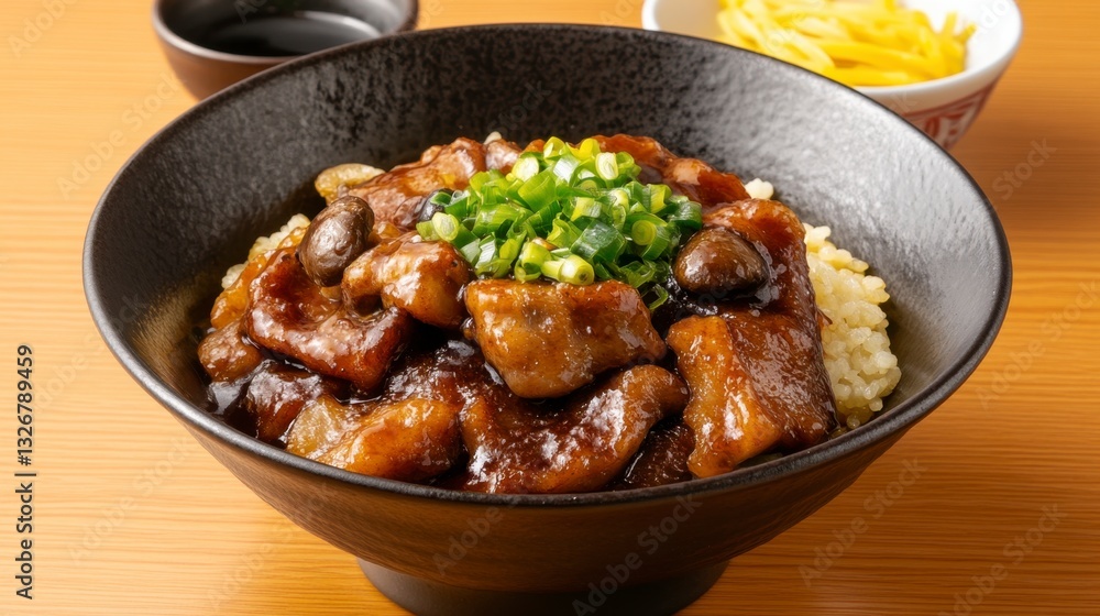 Close up view of a dark bowl filled with savory rice topped with rich, dark brown meat pieces, garnished with fresh green onions. Soy sauce and yellow pickled ginger are visible in the background. Close up view of a dark bowl filled with savory rice topped with rich, dark brown meat pieces, garnished with fresh green onions. Soy sauce and yellow pickled ginger are visible in the background.