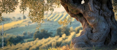 A warm, close-up view of an ancient olive tree in the rolling hills of Tuscany