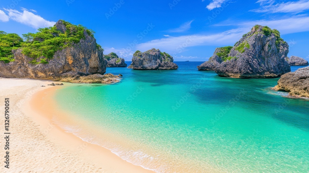 Fototapeta premium Secluded tropical beach with calm turquoise water, light sand, and rocky outcrops under a vibrant blue sky. Perfect summer getaway.