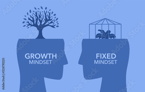 Two Big head humans think growth mindset different fixed mindset concept vector illustrator