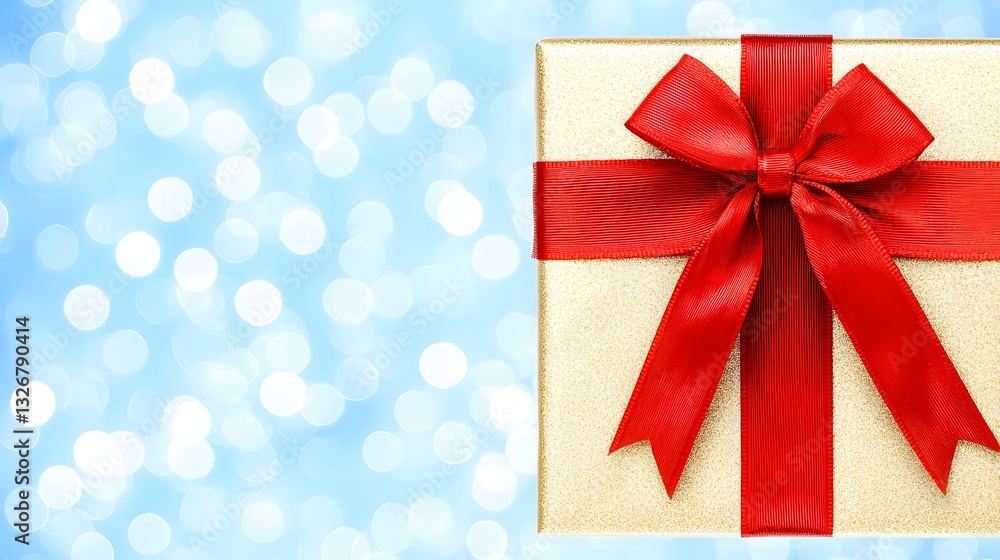 Festively Wrapped Gift Box with Red Ribbon Against a Soft Blue Bokeh Background Festively Wrapped Gift Box with Red Ribbon Against a Soft Blue Bokeh Background