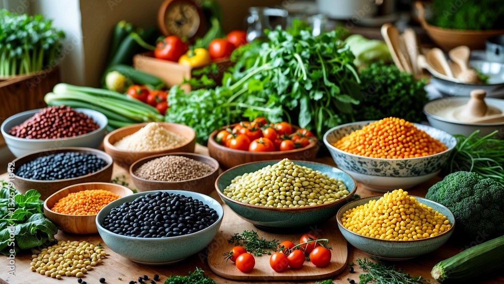 Fototapeta premium Colorful legumes and vegetables for healthy cooking inspiration