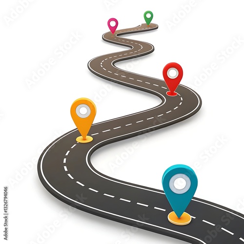 Embark On A Vibrant Journey, A Winding Road To Success Marked By Colorful Milestones, A 3d Illustration Against A White Background