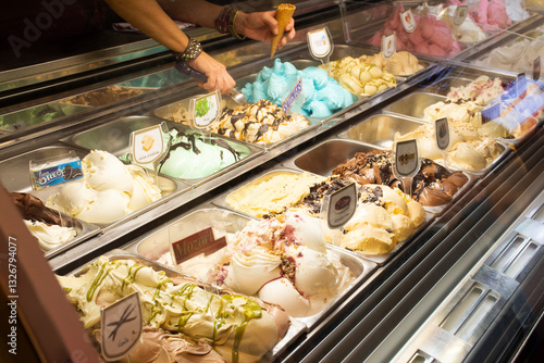 German people sell ice cream in ice cream shop at heidelberger market square in Heidelberg, Germany