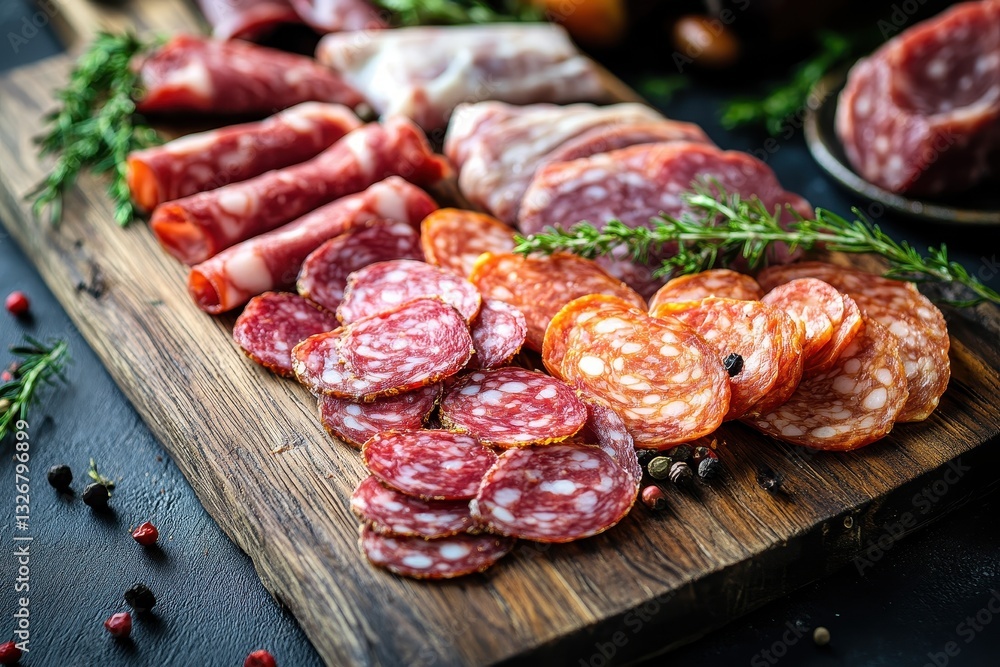 Assortment of Cured Meats on Wooden Serving Platter with Herbs Assortment of Cured Meats on Wooden Serving Platter with Herbs