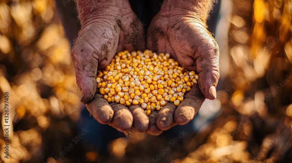 A close-up of a farmer hands holding freshly harvested corn, golden kernels shining A close-up of a farmer hands holding freshly harvested corn, golden kernels shining