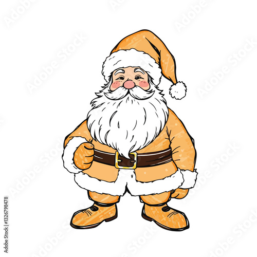 Cute happy Santa Claus waving outline and colored cartoon illustration set. Father Christmas, Kris Kringle, Saint Nick. Winter Christmas theme coloring book page activity for kids and adults