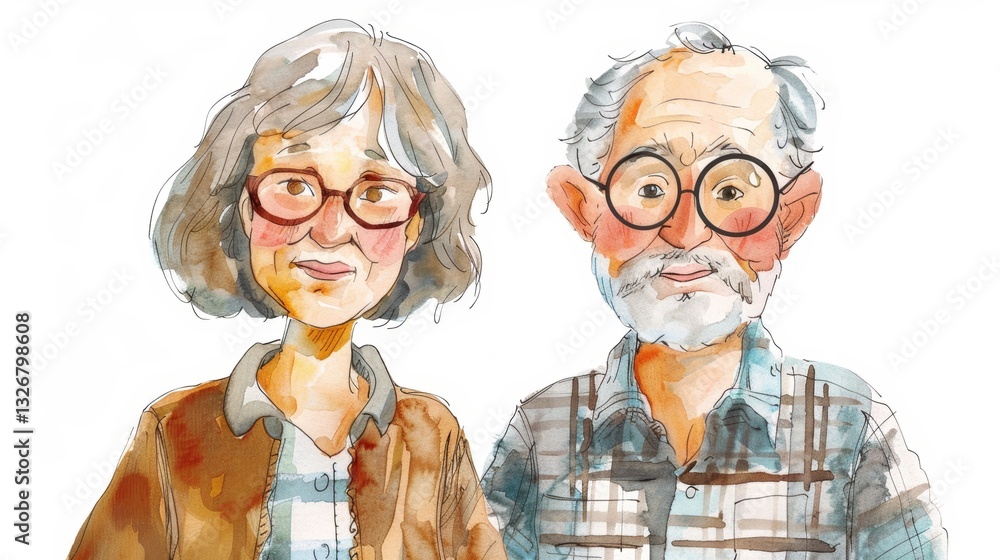 Happy Middle Aged Couple Standing Together On White Background Watercolor Illustration Happy Middle Aged Couple Standing Together On White Background Watercolor Illustration