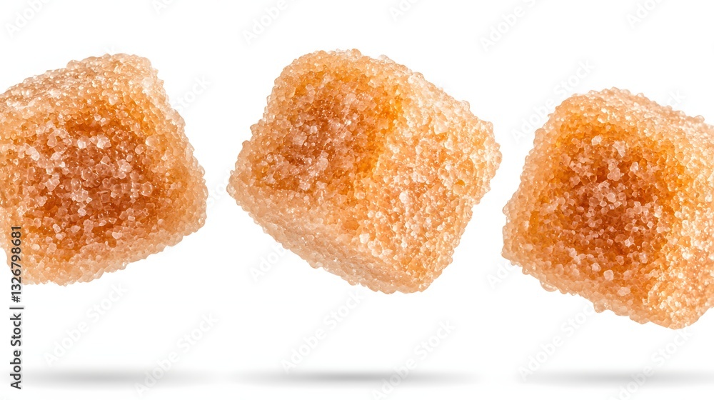 Close-up View of Three Brown Sugar Cubes with Shiny Granules Isolated on a White Background Close-up View of Three Brown Sugar Cubes with Shiny Granules Isolated on a White Background