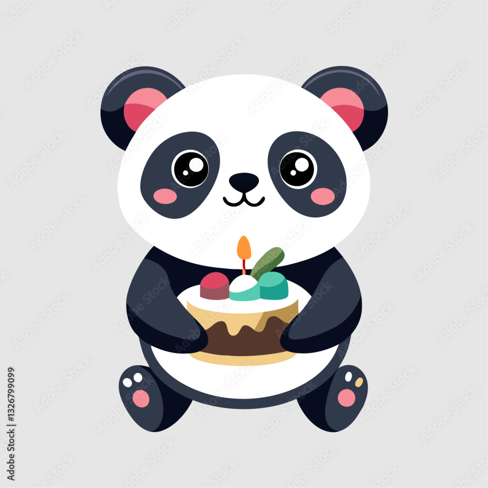 Obraz premium Adorable Cartoon Panda Holding a Small Birthday Cake with a Lit Candle, Sitting Against a Light Gray Background