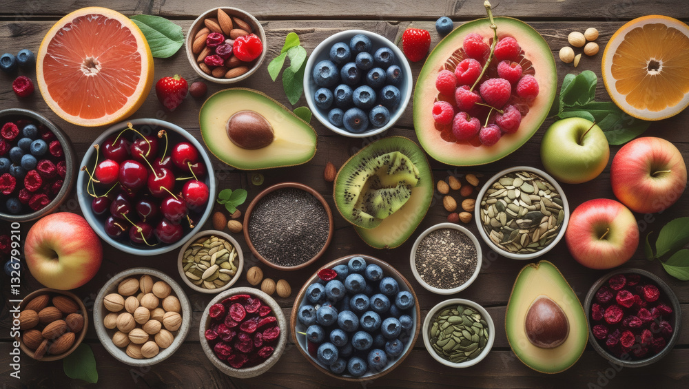 Selection of healthy food on wooden table Selection of healthy food on wooden table