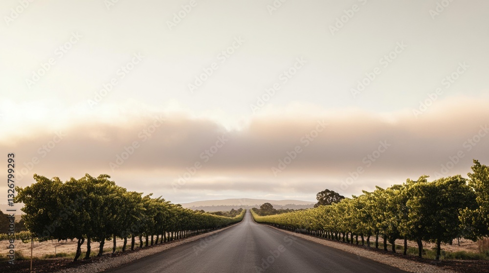 Fototapeta premium Serene Road Through Lush Vineyard with Calm Sky and Scenic Landscape During Golden Hour