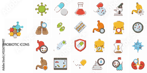 Probiotic simple concept 24 colour icons set. Contains such intestinal flora, intestinal, bacteria, healthy, yogurt, intestine .Vector illustration.