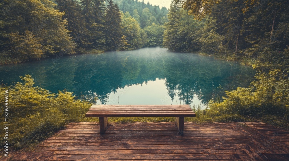 Obraz premium Serene Lakeside View with Wooden Bench Surrounded by Lush Green Trees in Tranquil Nature