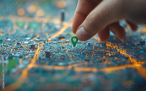 Closeup of a hand placing a green pin on a city map, symbolizing GPS navigation and route planning, detailed urban map, professional planning, ultrarealistic, 8K