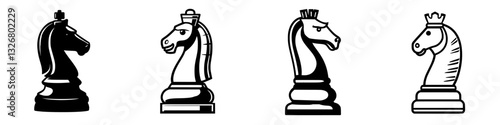 Different designs of knight pieces used in chess highlighting their unique forms and styles