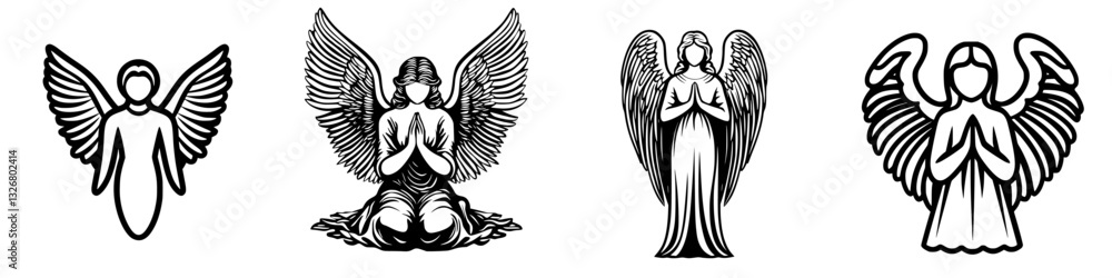 Various angelic figures in different poses and styles showcasing divine beauty and grace in a black and white format Various angelic figures in different poses and styles showcasing divine beauty and grace in a black and white format
