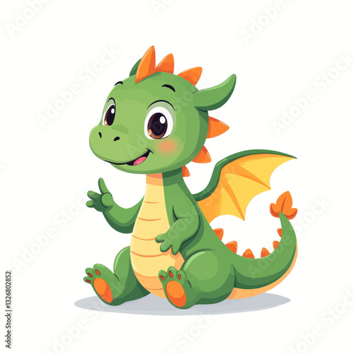 Adorable cartoon green dragon sitting and smiling