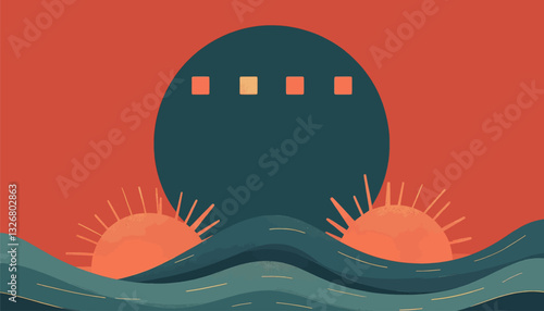 Abstract seascape with suns, moon, and waves in coral and teal