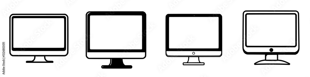 Various computer monitor designs displayed in a row showcasing different styles and shapes in a minimalist layout Various computer monitor designs displayed in a row showcasing different styles and shapes in a minimalist layout