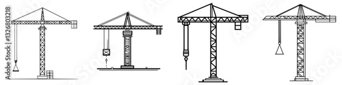 Various types of cranes used in construction displaying their structures and mechanisms