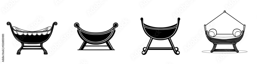 Collection of four unique baby cradles displayed in a vintage style showing different designs and craftsmanship Collection of four unique baby cradles displayed in a vintage style showing different designs and craftsmanship