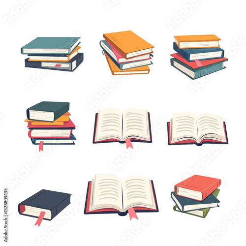 Assorted stacks and open books with bookmarks, study material