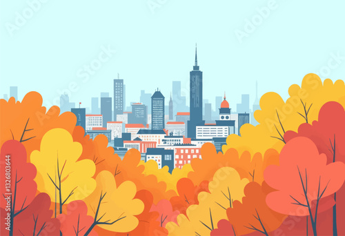 Autumnal Cityscape Silhouette, Colorful Foliage Foreground
