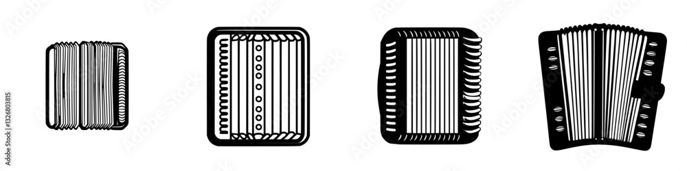 Various styles of accordions displayed with intricate designs in a well-lit setting during daytime Various styles of accordions displayed with intricate designs in a well-lit setting during daytime