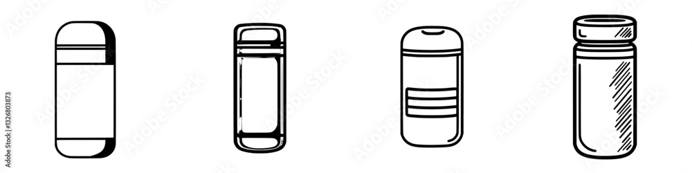Various designs of reusable containers for drinks and food displayed on a plain background Various designs of reusable containers for drinks and food displayed on a plain background